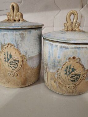 Set of 2‎ Ceramic Canisters Blue Tan Glazed Landscape Scene Lids